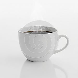 A white ceramic cup filled with steaming coffee is centered on a smooth white surface. The cup