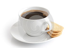 White ceramic cup and saucer with black coffee and finger biscui