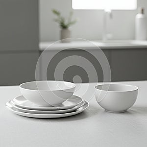 White ceramic dishware set on a light-colored tablecloth.