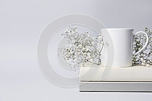 White ceramic mug, dry flowers and stack of books on light background, space for text