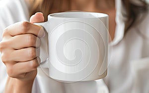 white ceramic mug held in a woman\'s hand - AI generated