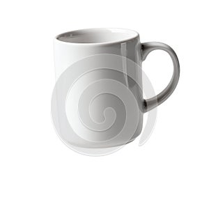 White ceramic mug isolated on a transparent background. Plain coffee cup with handle, front angle view. Used for hot