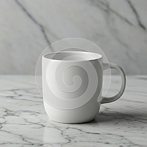 White ceramic mug on a marble surface, with a subtle gray veining pattern. The mug