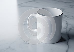 White ceramic mug on a polished grey marble surface. The mug