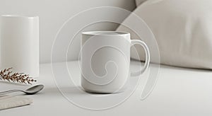 A white ceramic mug with a smooth finish is placed on a light-colored surface. It