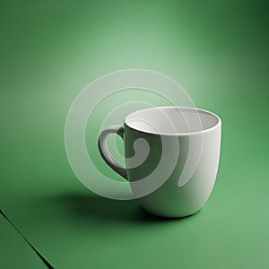 Ceramic mug with a smooth finish is positioned to the left on a green