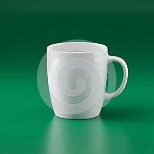 White ceramic mug with a smooth, glossy finish sits on a solid green surface. The
