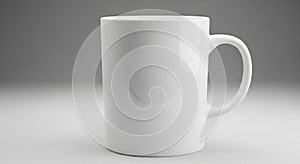 White ceramic mug with a smooth, glossy surface and a cylindrical shape. It has a rounded handle