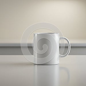 White ceramic mug on a smooth, reflective surface with a minimalistic background. The