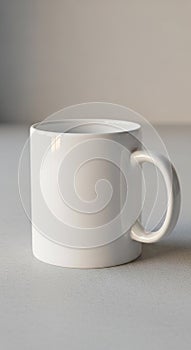 White ceramic mug with a smooth surface, cylindrical shape, and a sturdy handle on