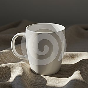 A white ceramic mug with a smooth surface sits on a textured beige fabric. The fabric