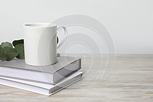 White ceramic mug, stack of books and eucalyptus branch on white wooden table, space for text