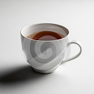 White Ceramic Mug Filled with Dark Amber Tea on a White Surface drink beverage