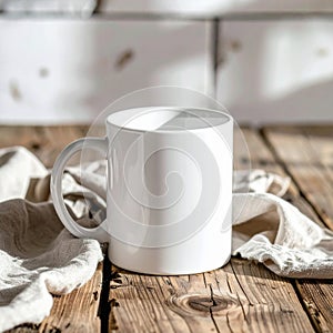 White Ceramic Mug on Wooden Table with Linen Cloth in Bright Sunlight