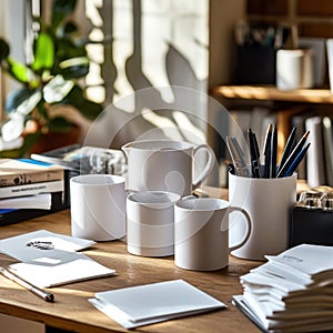 White Ceramic Mugs and Pitcher on Wooden Table