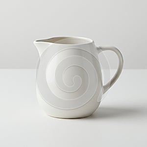 White ceramic pitcher with a smooth, glossy finish on a light gray background. It has a
