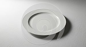 White ceramic plate centered on a textured light gray surface. The plate features a
