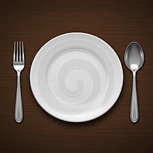 A white ceramic plate is centered on a wooden table. To the left of the plate is a