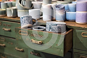White ceramic plates on a shelf in a store