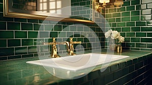 White ceramic sink with two gold taps in a stylish luxury bathroom. Green tile walls, gold-framed mirror, wall lamp