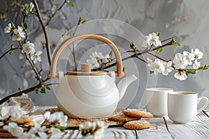 A white ceramic teapot, with an elegant wooden handle and spout, sits on the table next to two cups of tea and some cookies