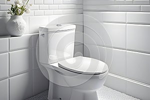 White ceramic toilet bowl with closed lid in a clean and bright bathroom.