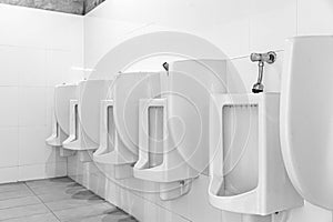 white ceramic urinals in the men`s bathroom