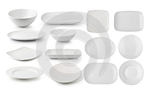 White ceramics plate and bowl on white background