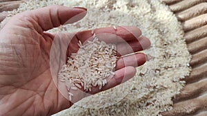 White cereals rice and hand of woman in it. Food for background and texture. Product and food that can be stored for a long time.