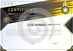 White certificate with colorful design elements. Black, gold, yellow colors.