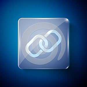 White Chain link icon isolated on blue background. Link single. Hyperlink chain symbol. Square glass panels. Vector