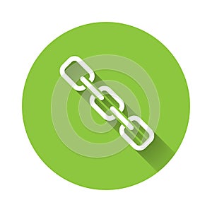 White Chain link icon isolated with long shadow. Link single. Hyperlink chain symbol. Green circle button. Vector