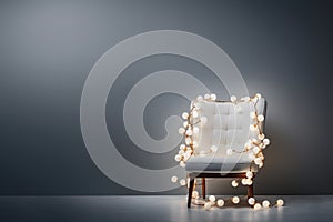 White chair with Christmas lights in a dark room, minimalist decor. Generative AI