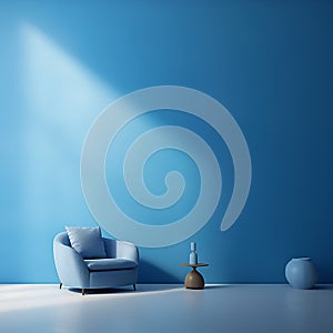 a white chair in an empty room next to blue walls