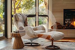 A white chair and ottoman are placed in front of a fireplace