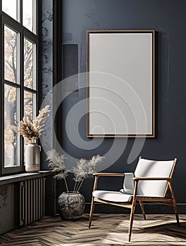 A white chair sits in front of a large empty framed picture on a wall