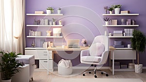 a white chair sitting in front of a purple wall Mediterranean interior Workspace with Lavender color