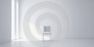 White chair standing at a wall in empty room, white interior design concept with copy space, expreme minimalism. Generative AI photo