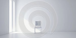 White chair standing at a wall in empty room, white interior design concept with copy space, expreme minimalism. Generative AI