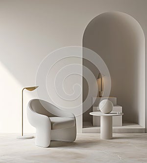 a white chair, a table and a lamp