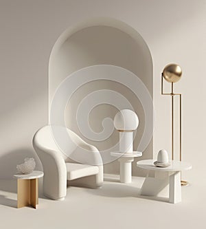 a white chair, a table and a lamp