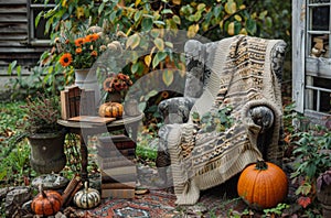 White Chair Beside Table With Pumpkins