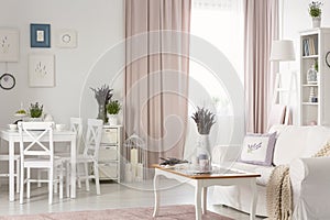 White chairs at dining table near posters in flat interior with pink drapes and settee. Real photo