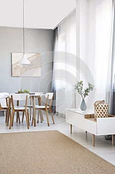 White chairs at dining table in scandi flat interior with cupboard, poster and carpet. Real photo
