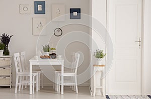 White chairs and table in minimal dining room interior with plants, posters and door. Real photo