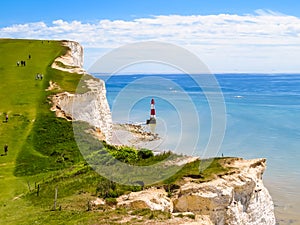 White chalk cliffs and Beachy Head Lighthouse, Eastbourne, East Sussex, England