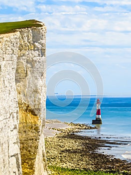 White chalk cliffs and Beachy Head Lighthouse, Eastbourne, East Sussex, England