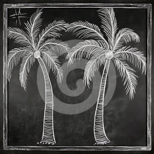 White chalk drawings of palms on blackboard. Tropical, imagination, dream, summer vacations concept