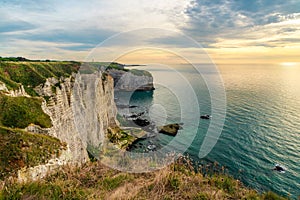 White chalk natural cliffs Aval of Etretat, Normandy, France. French sea coast in Normandie with famous rock formations