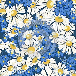 White chamomile flower and small wildflowers on dark blue background